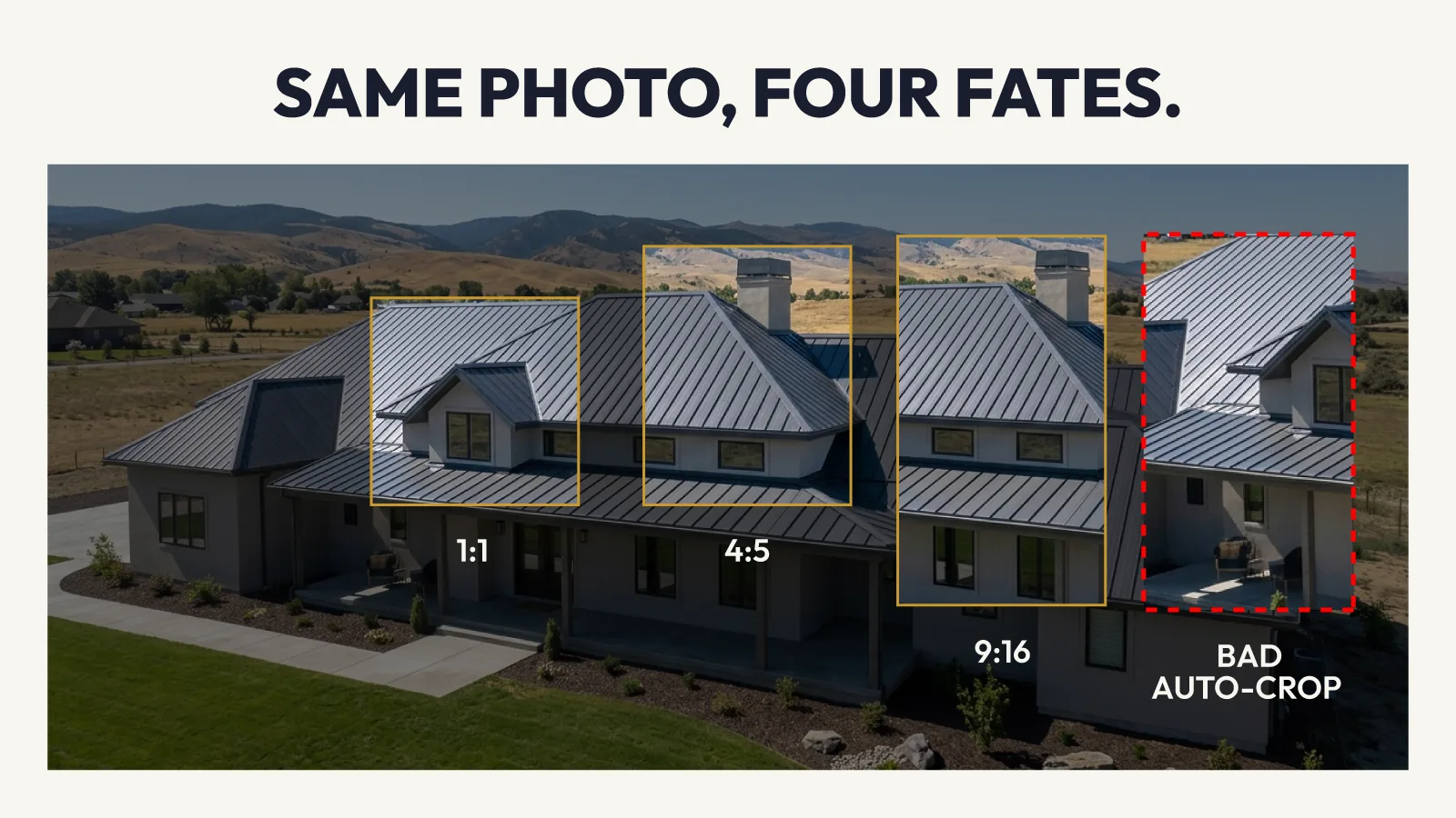 One contractor job photo overlaid with 1:1, 4:5, and 9:16 crop frames showing how Facebook ad placements crop differently