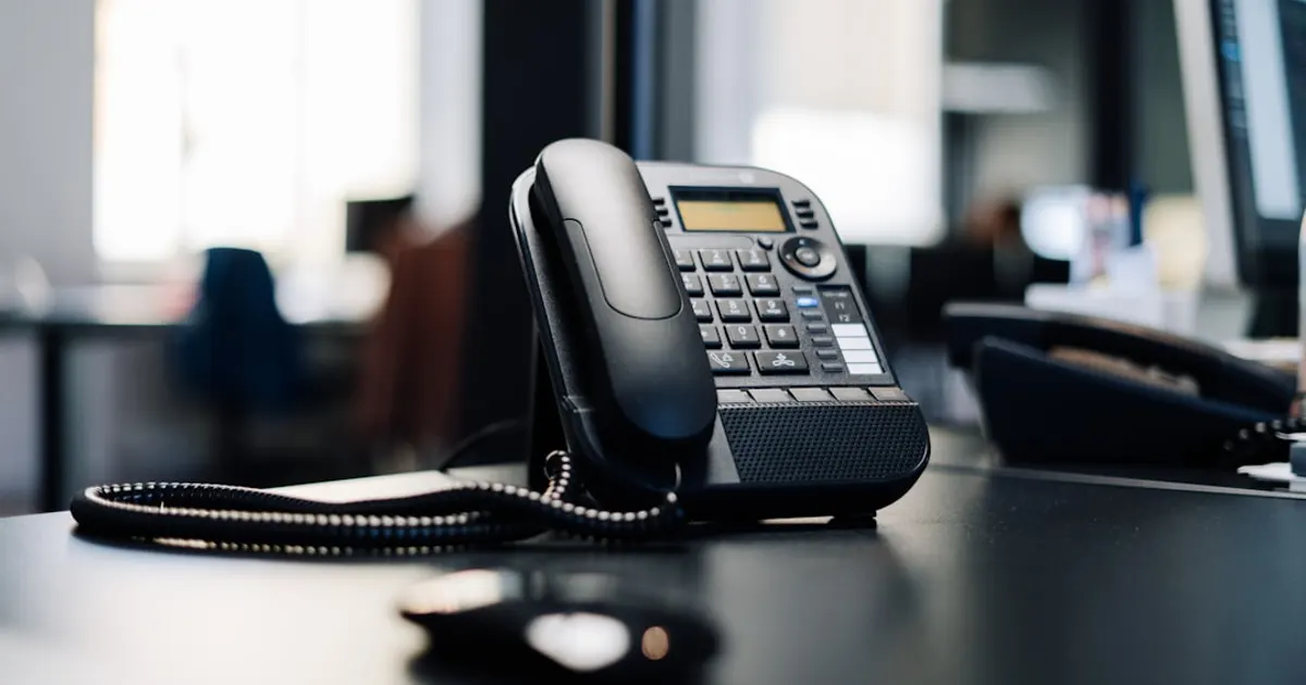 Black ip desk phone on black wooden table