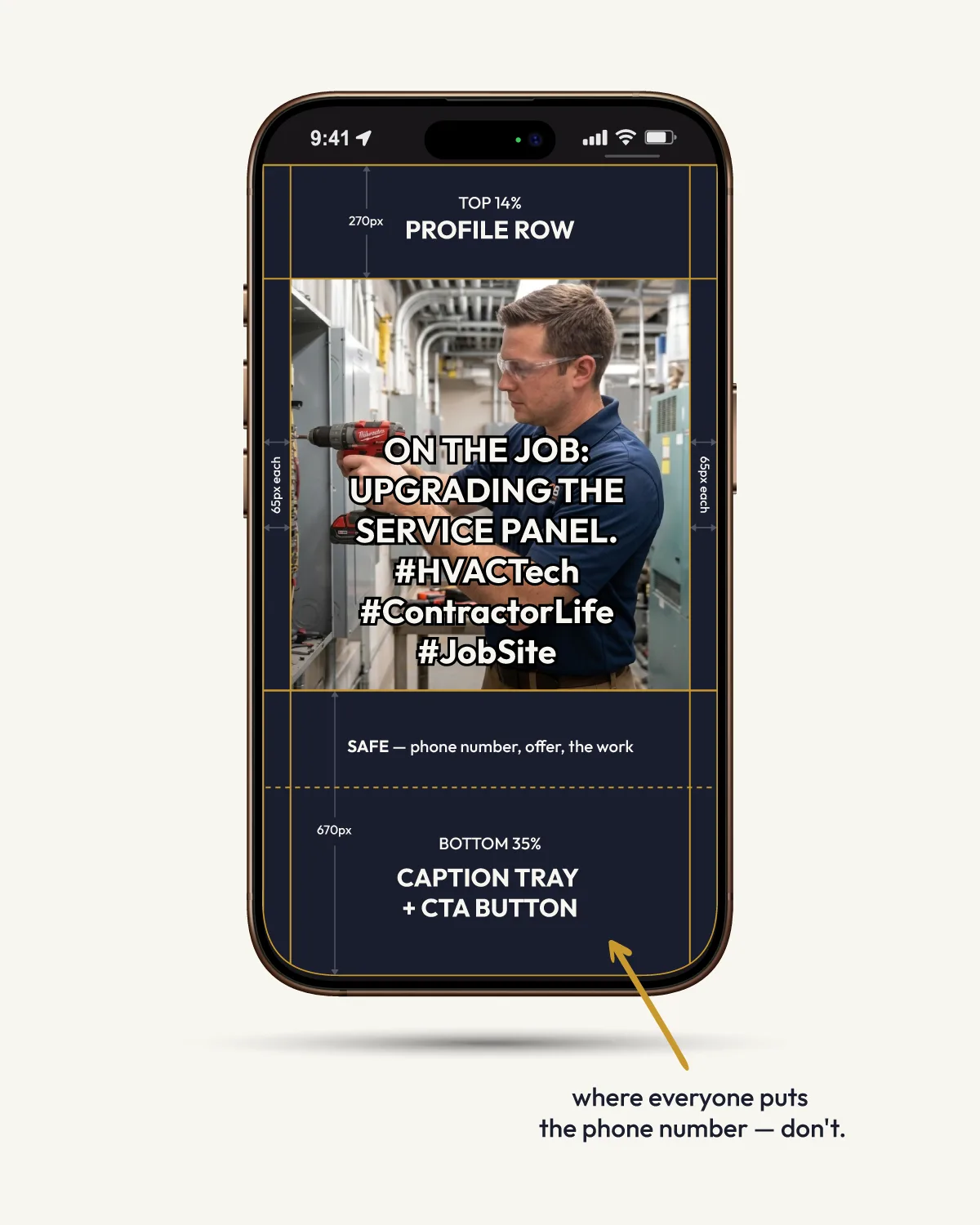 2026 unified Meta safe zone for contractor Reels ads: top 14%, bottom 35%, sides 6% kept clear
