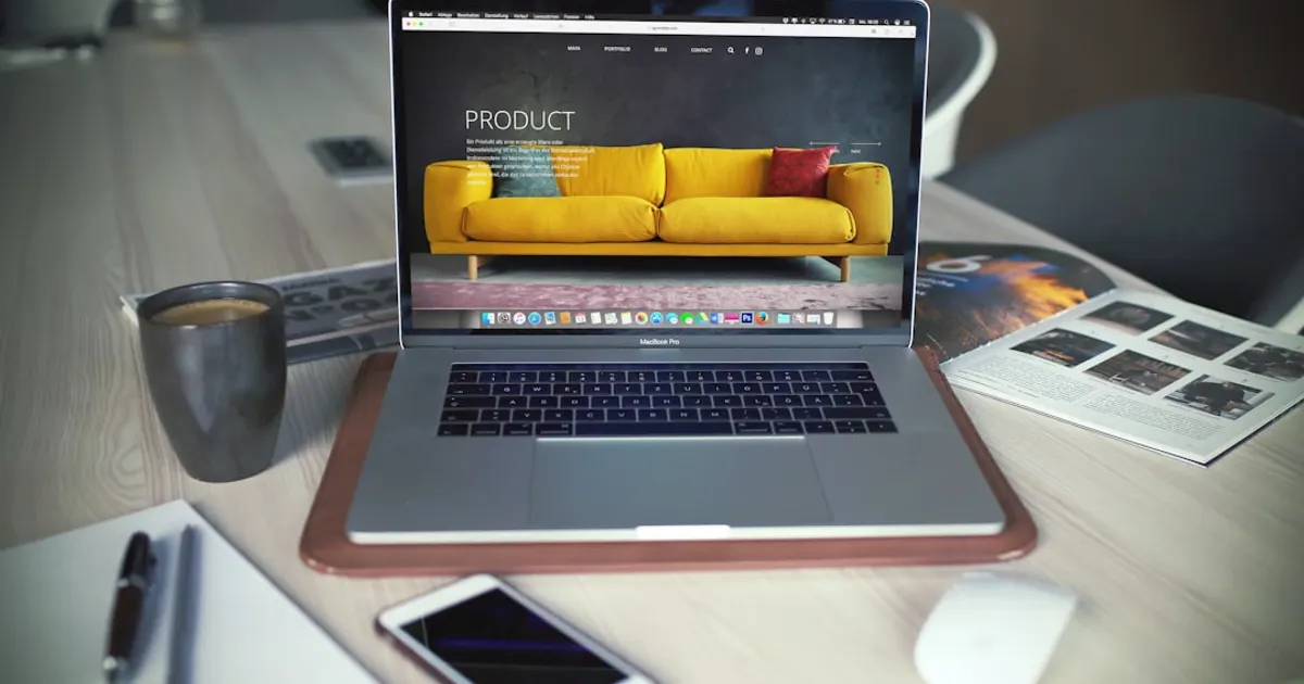 Turned on MacBook Pro beside gray mug