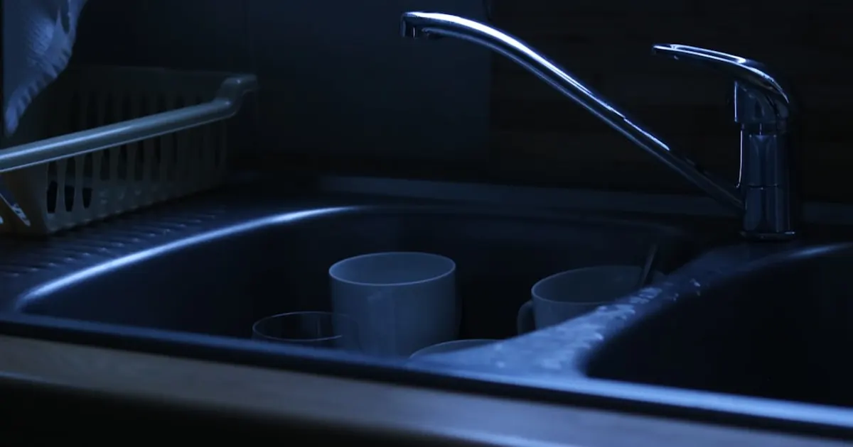 Dirty dishes in a dark kitchen sink