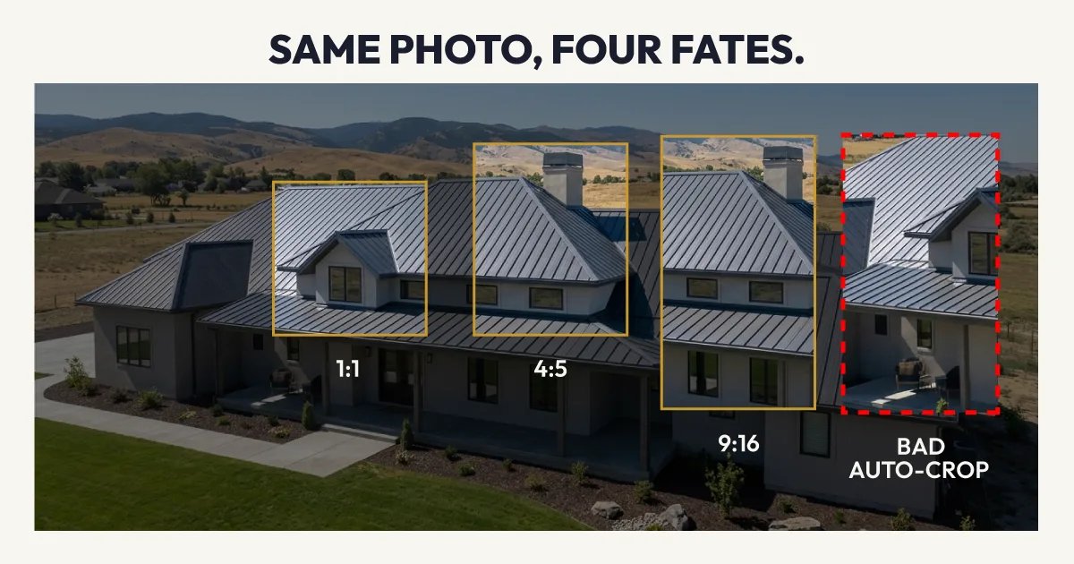 Contractor job photo with 1:1, 4:5, and 9:16 crop frames showing how Facebook ad placements crop differently