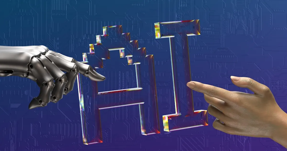 Robot and human hands reaching toward ai text