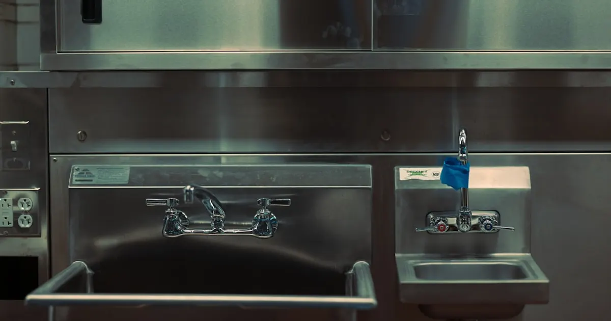 A stainless steel kitchen with a sink and oven
