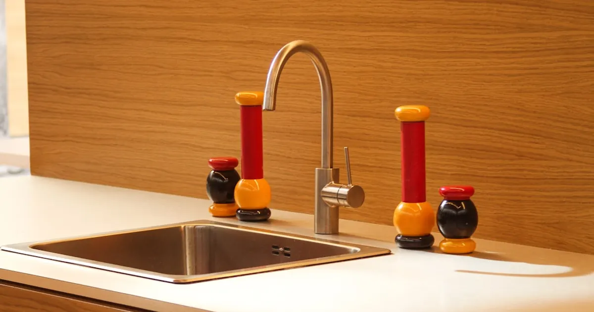 A kitchen sink with a faucet and colorful toy shakers.