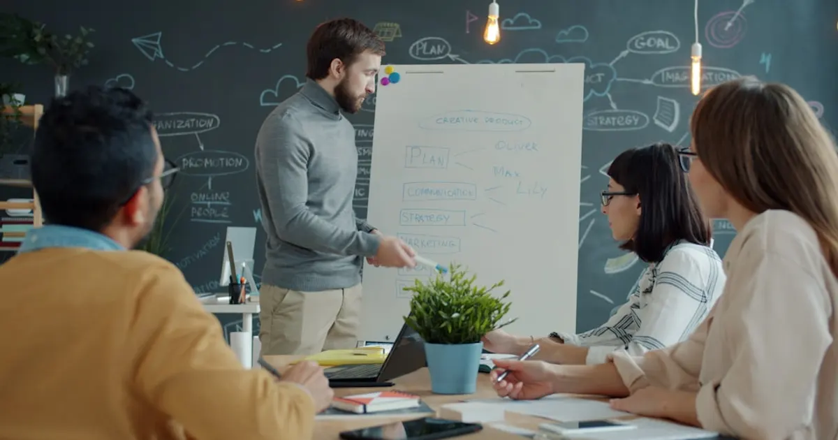 Team collaborating around a whiteboard in a modern office.